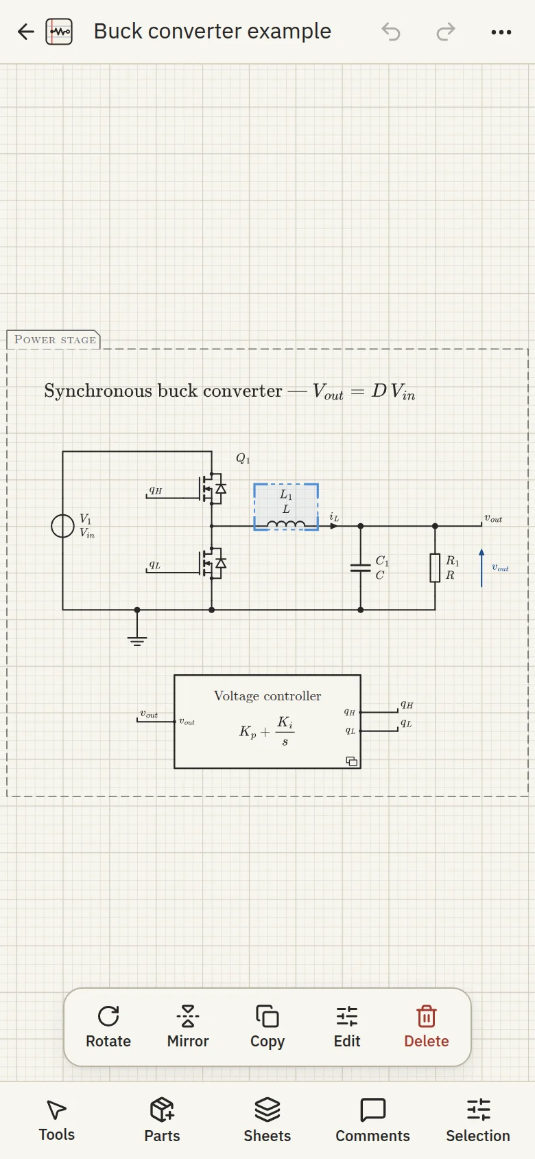 The buck converter example on a phone: the drawing fills the screen, with a bar of actions for the selected inductor.